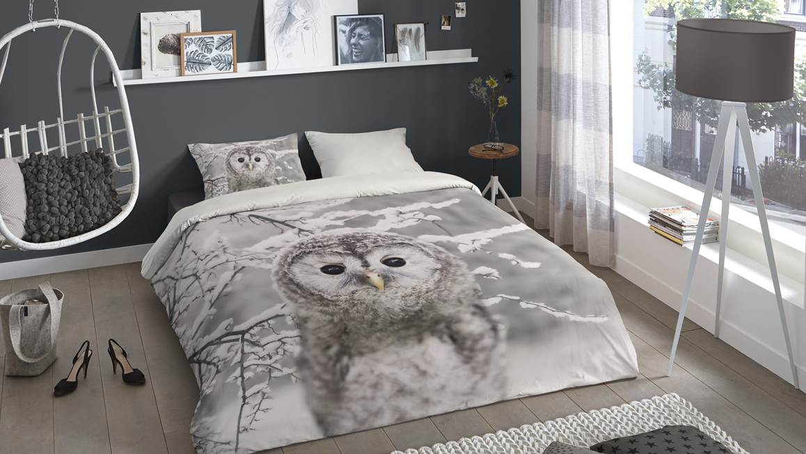Good Morning Owl flanel dekbedovertrek Grijs -