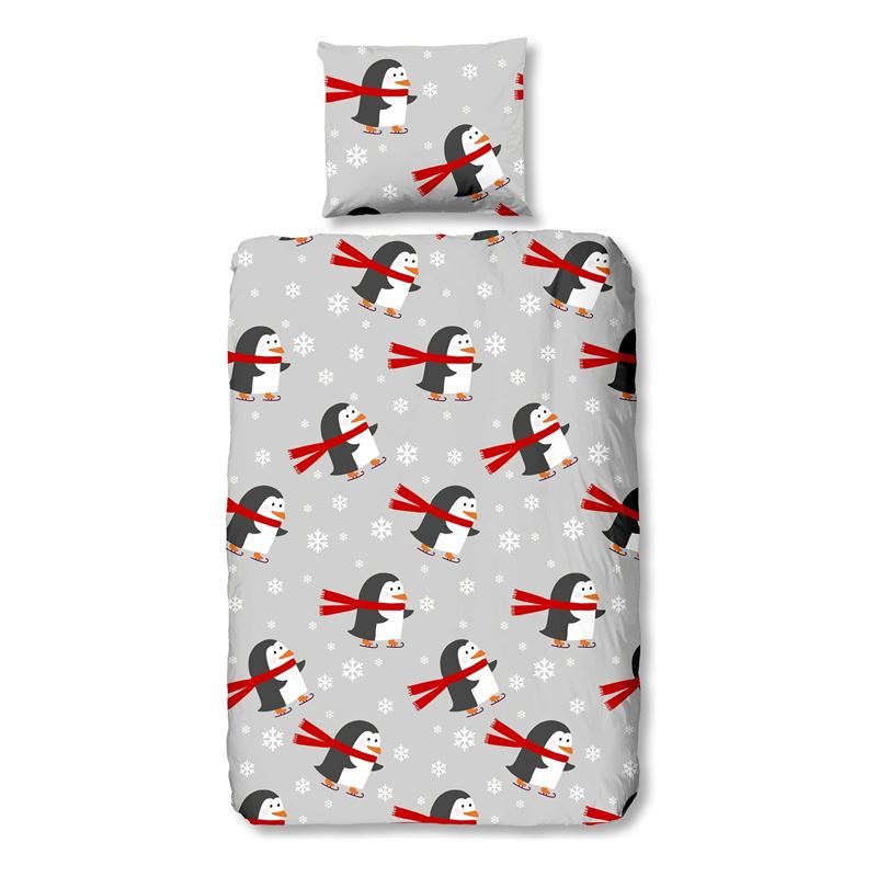 Good Morning Pinguins flanel dekbedovertrek Grijs 1-persoons (140x200/220 cm + 1 sloop)